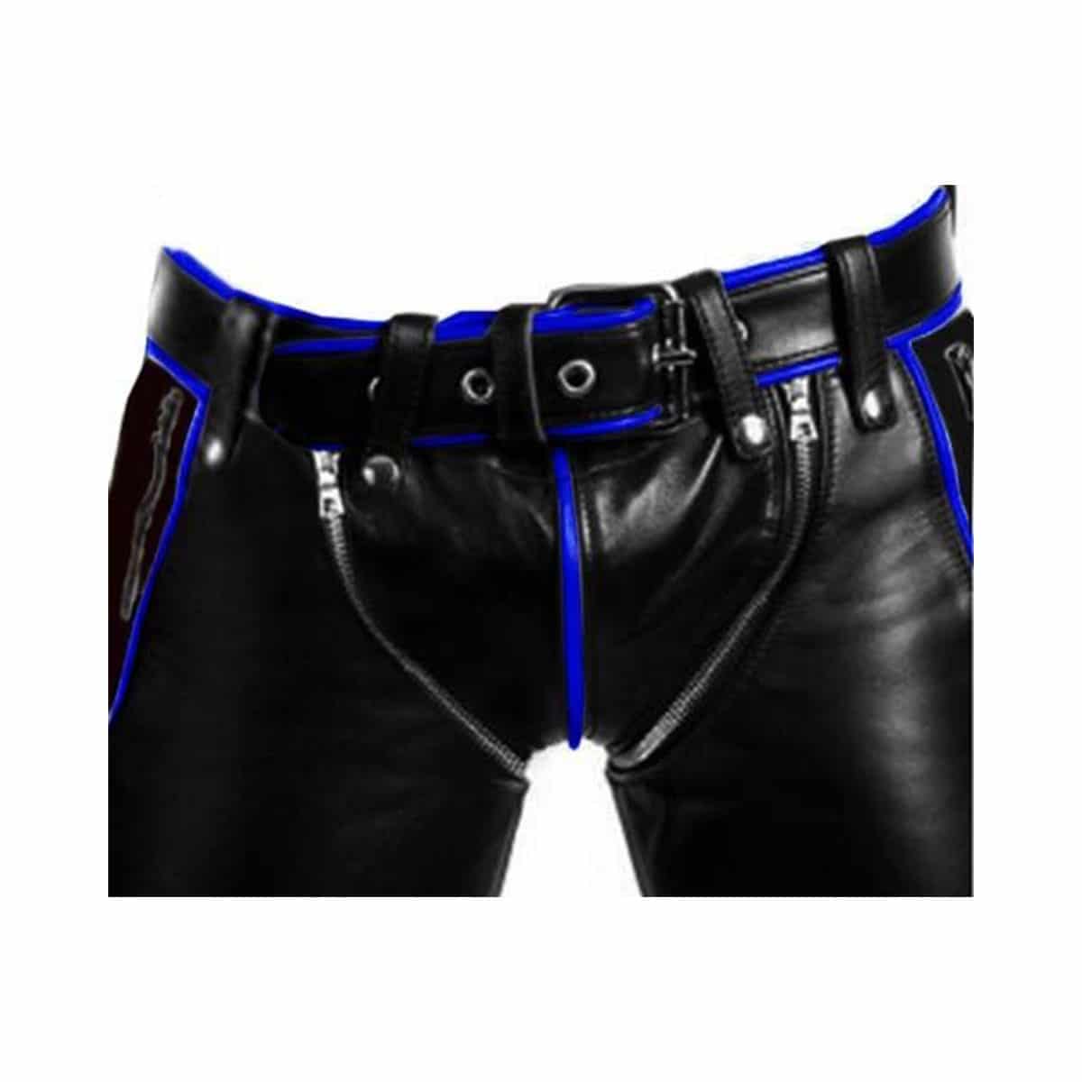 Black Leather with Blue Piping Pants Heavy Duty Bondage Jeans - R2-BP