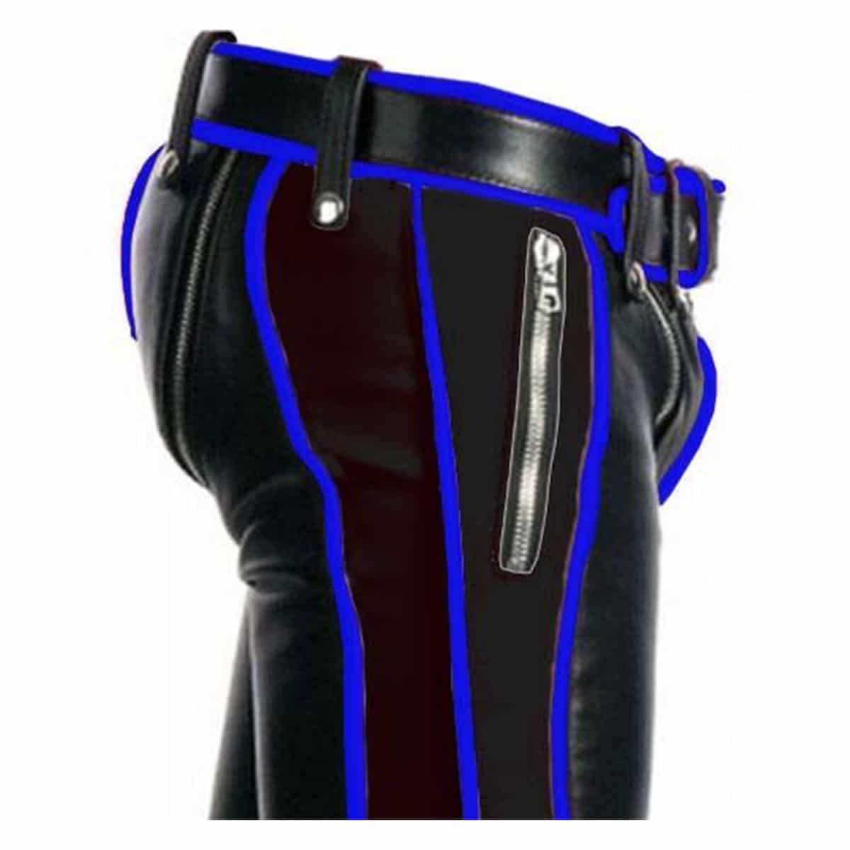 Black Leather with Blue Piping Pants Heavy Duty Bondage Jeans - R2-BP