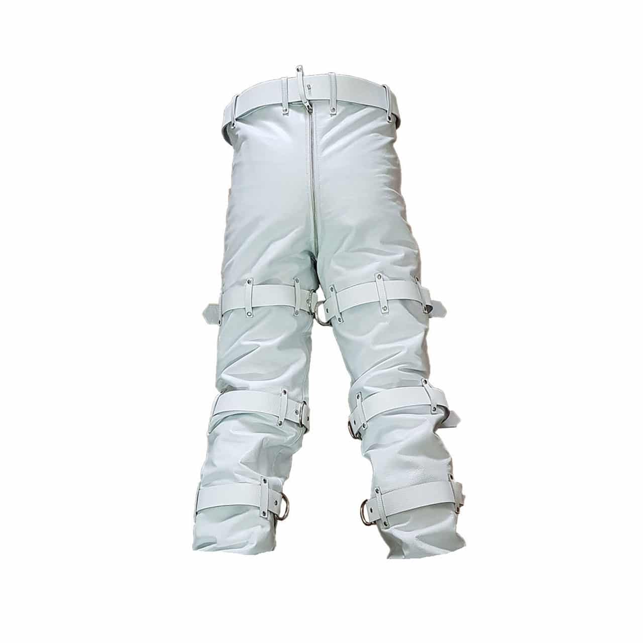 Men White Leather Locking Bondage Jeans with Rear Zip