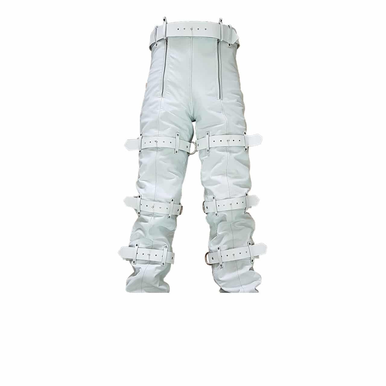 Men White Leather Locking Bondage Jeans with Rear Zip
