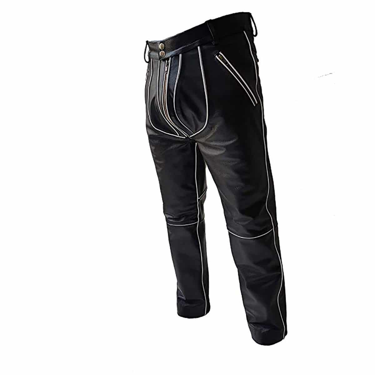 Men Black Leather Biker Style Jeans Pants Trousers with White Piping -J10