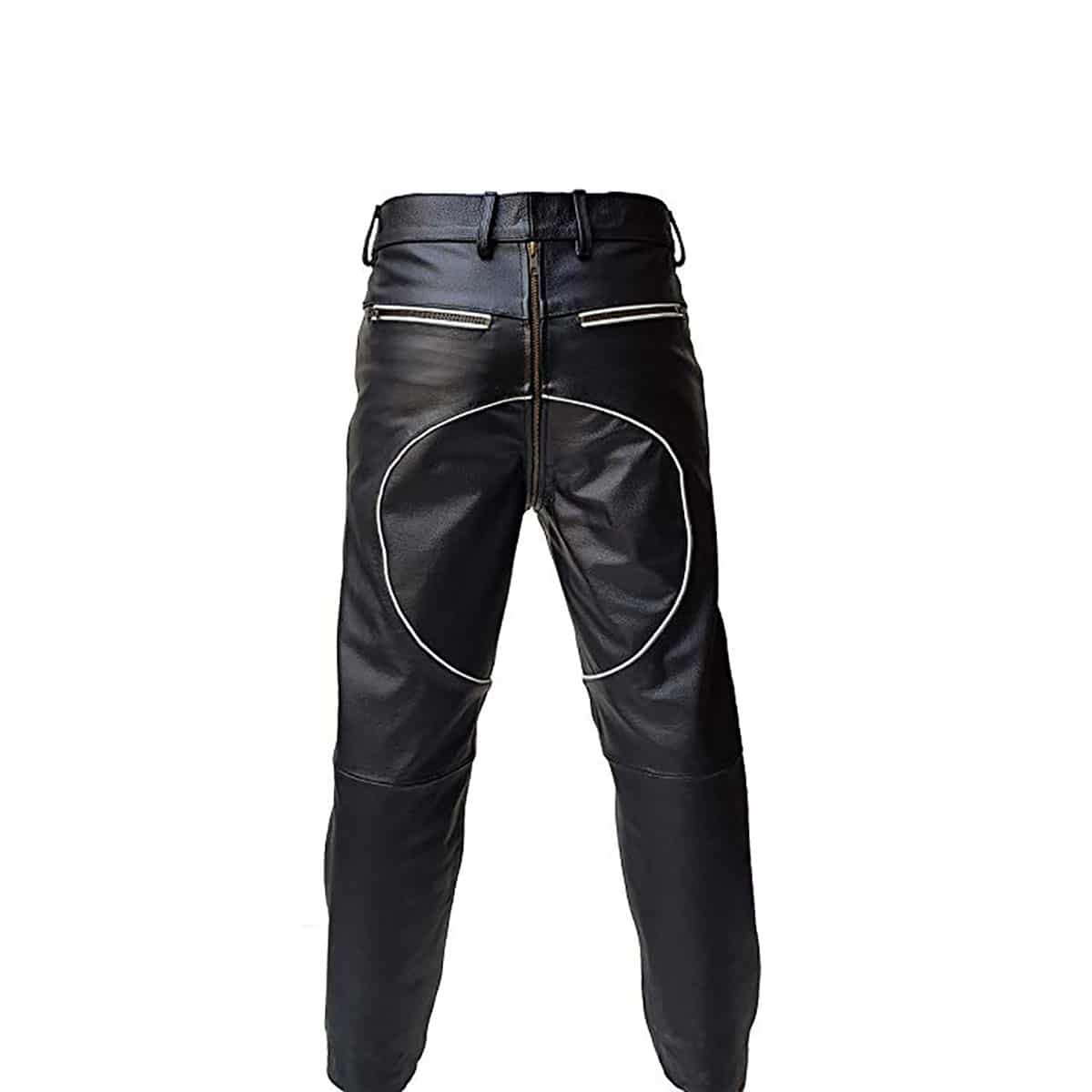 Men Black Leather Biker Style Jeans Pants Trousers with White Piping -J10