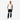 Man wearing a white sleeveless shirt and black pants with white stripes on a white background