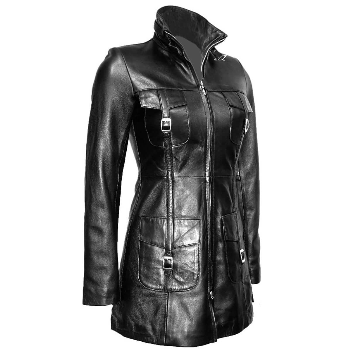 Women Black Leather Steampunk Style Trench Coat - T14 - BLK