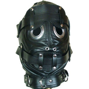 Unisex Bondage Hood Mask with Mouth Gag And Blindfold Black Leather