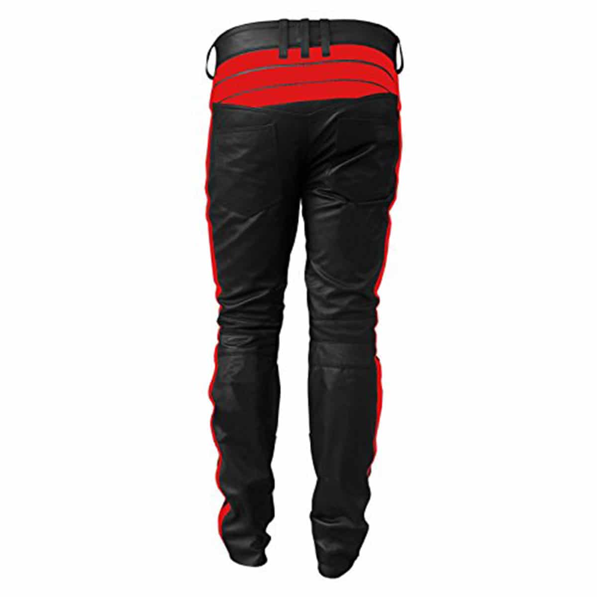 MENS MOTORCYCLE BIKERS BLACK with RED STRIPES LEATHER PANTS JEANS TROUSER - J5-RED