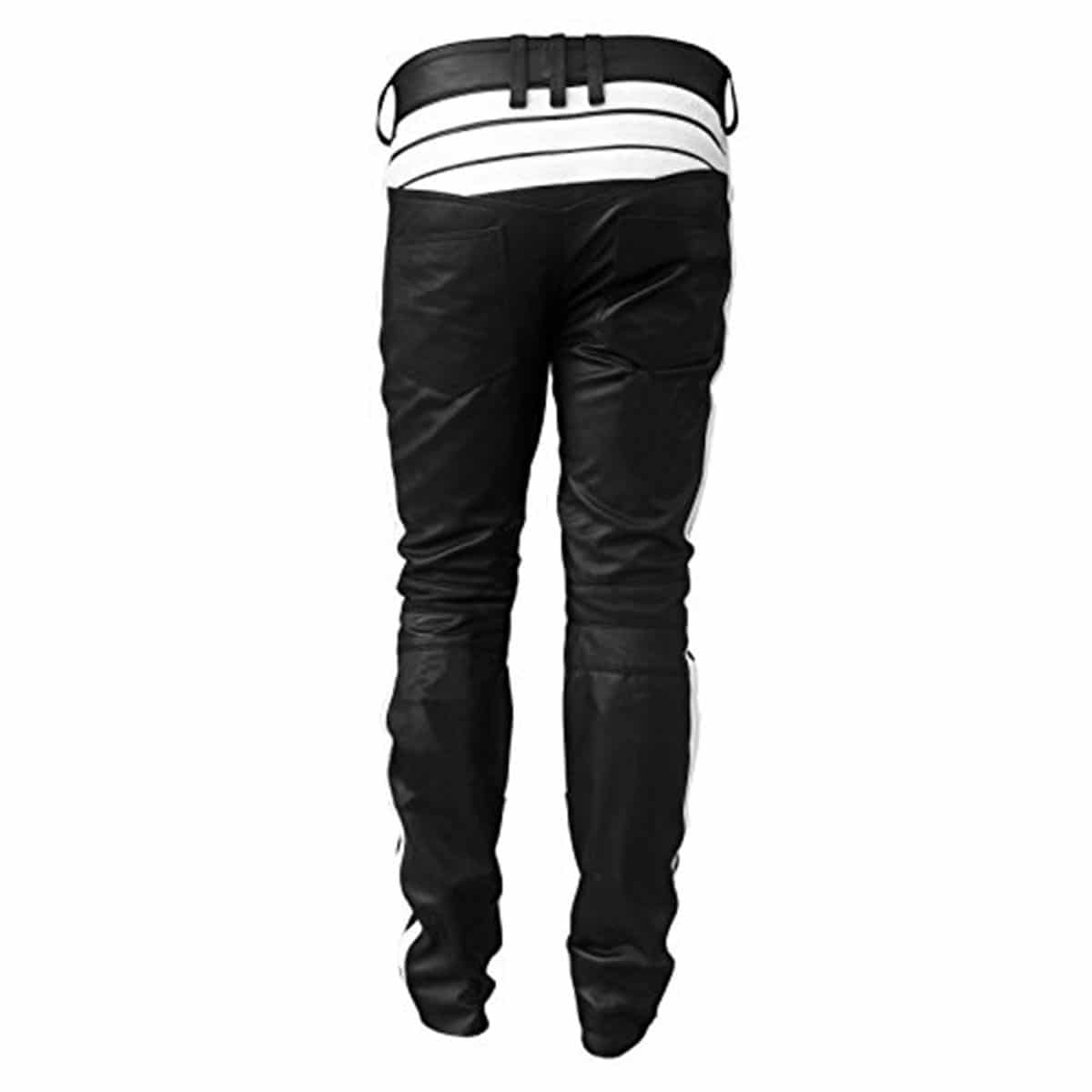 MENS BIKERS STYLE BLACK with WHITE STRIPES LEATHER PANTS JEANS TROUSER - (J5-WHT)