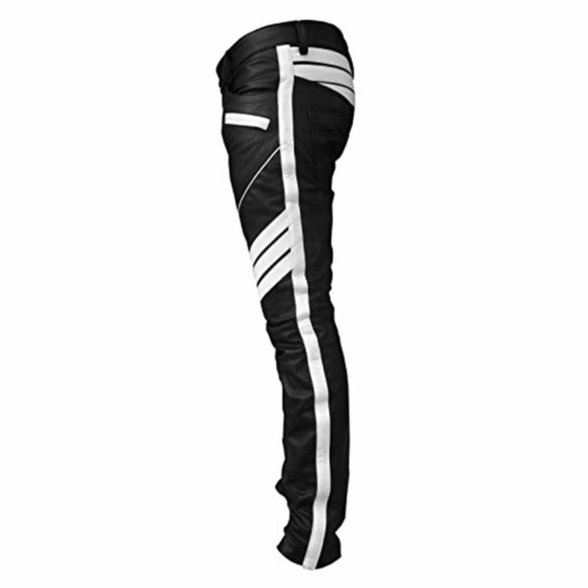 MENS BIKERS STYLE BLACK with WHITE STRIPES LEATHER PANTS JEANS TROUSER - (J5-WHT)