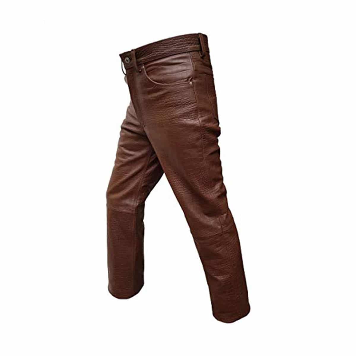Men Crocodile Print 501 Style Brown Leather Jeans Pants Trouser Bikers Club-501