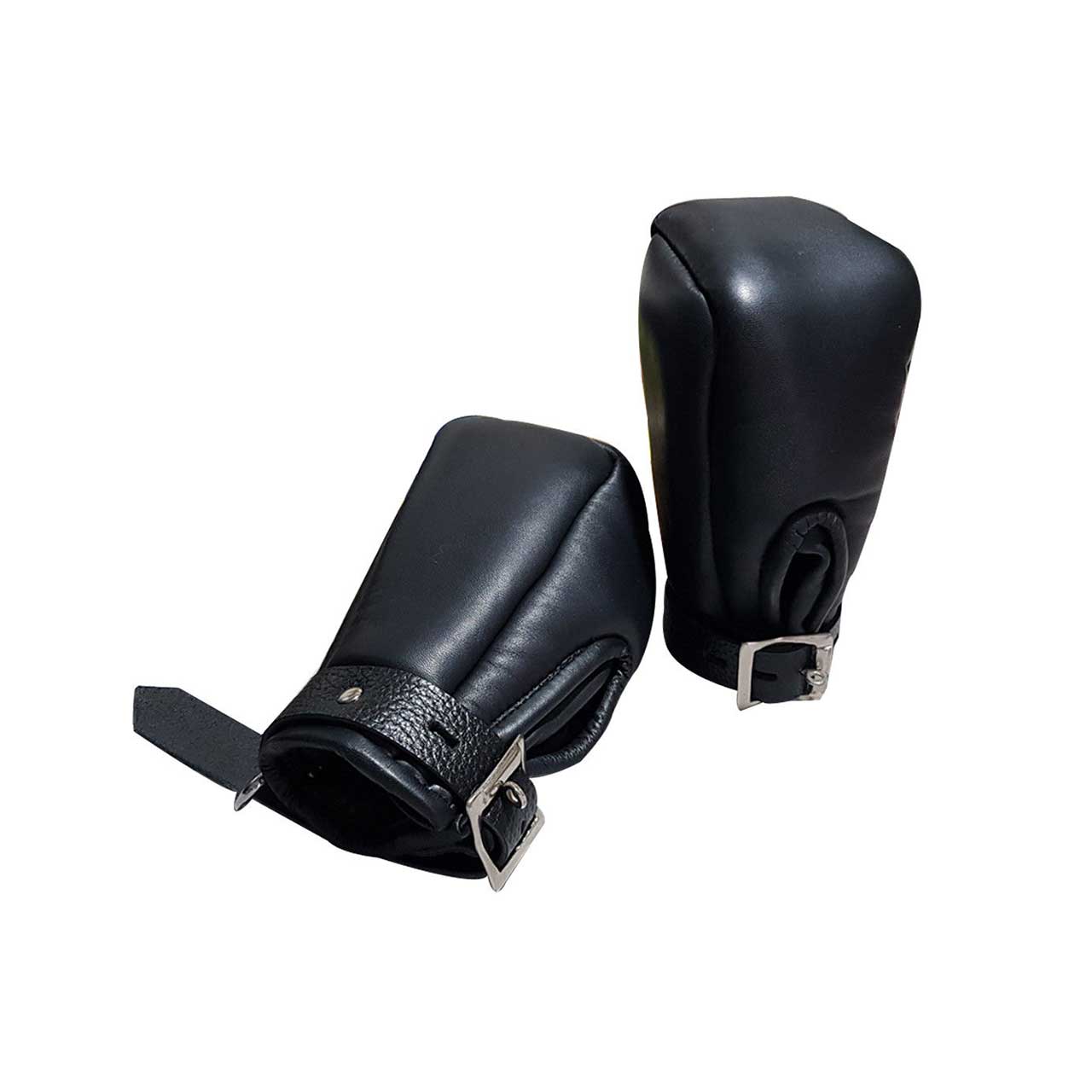 Unisex Black Leather Fist Mitts Gloves Sexy Padded Lined Bondage - Mitts2