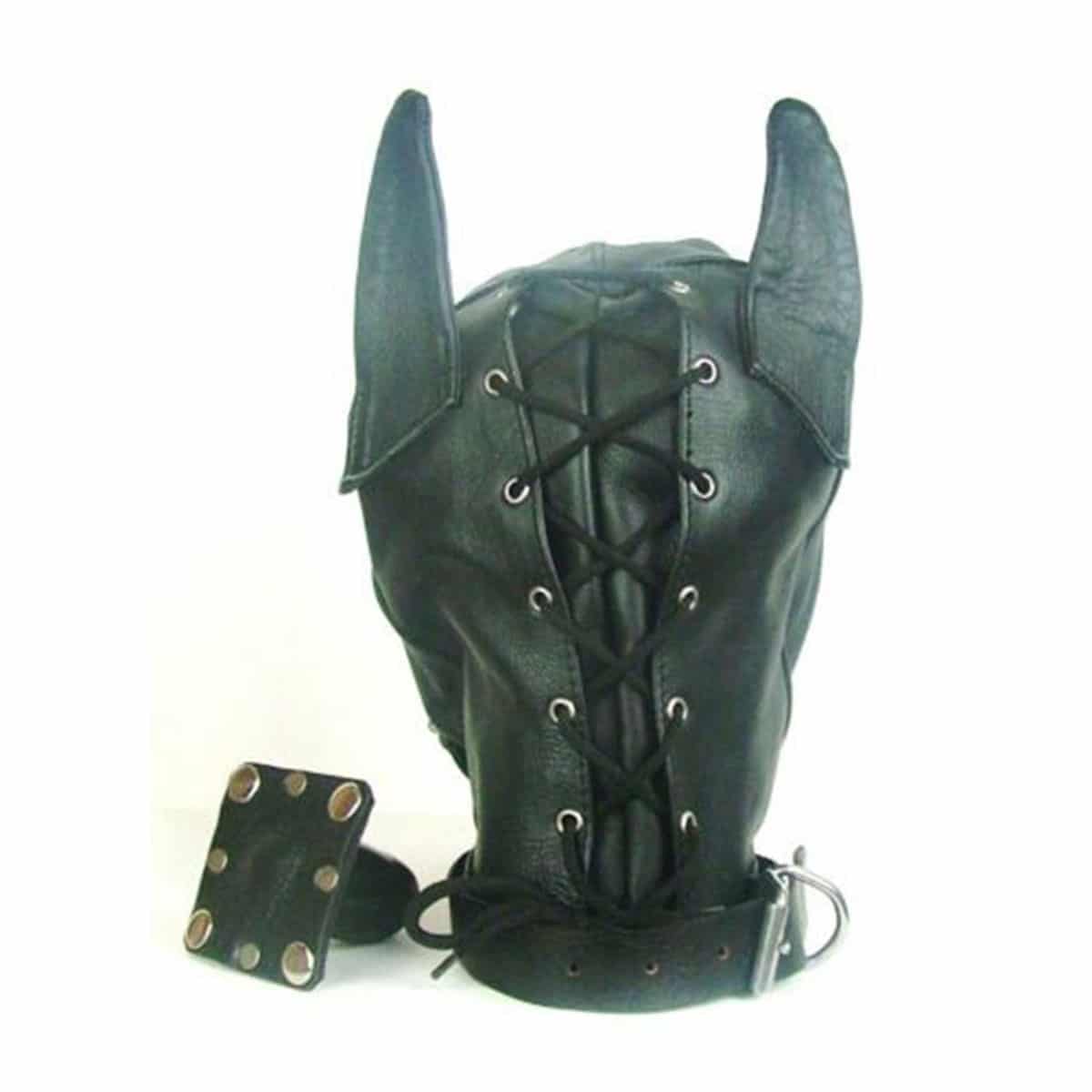 Unisex Leather Dog Puppy Bondage Hood with Mouth Gag - D1-BLK