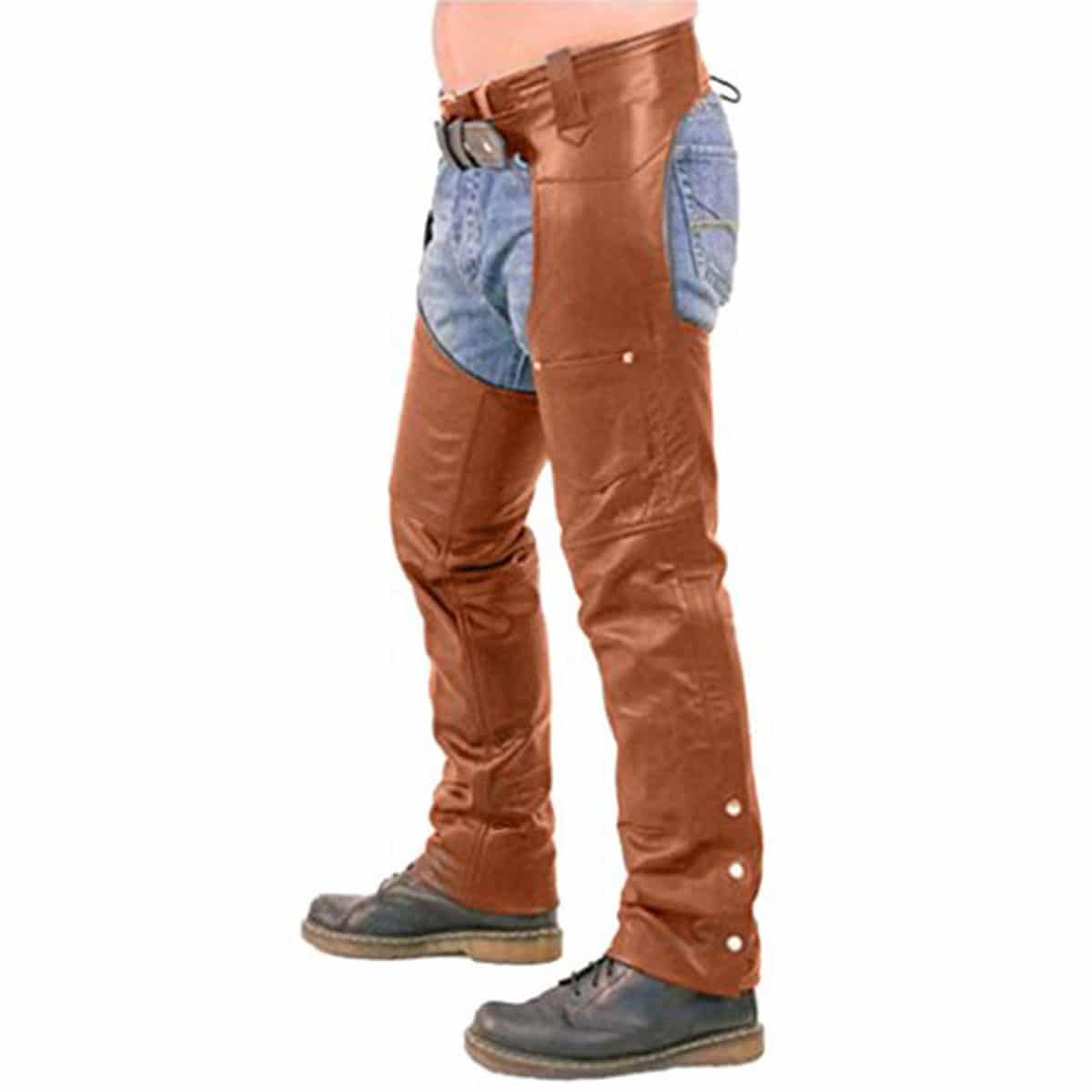 Mens Bikers Chaps Jeans Brown Leather Motorcycle Style Trouser Pants - (CHAPS-BRW)