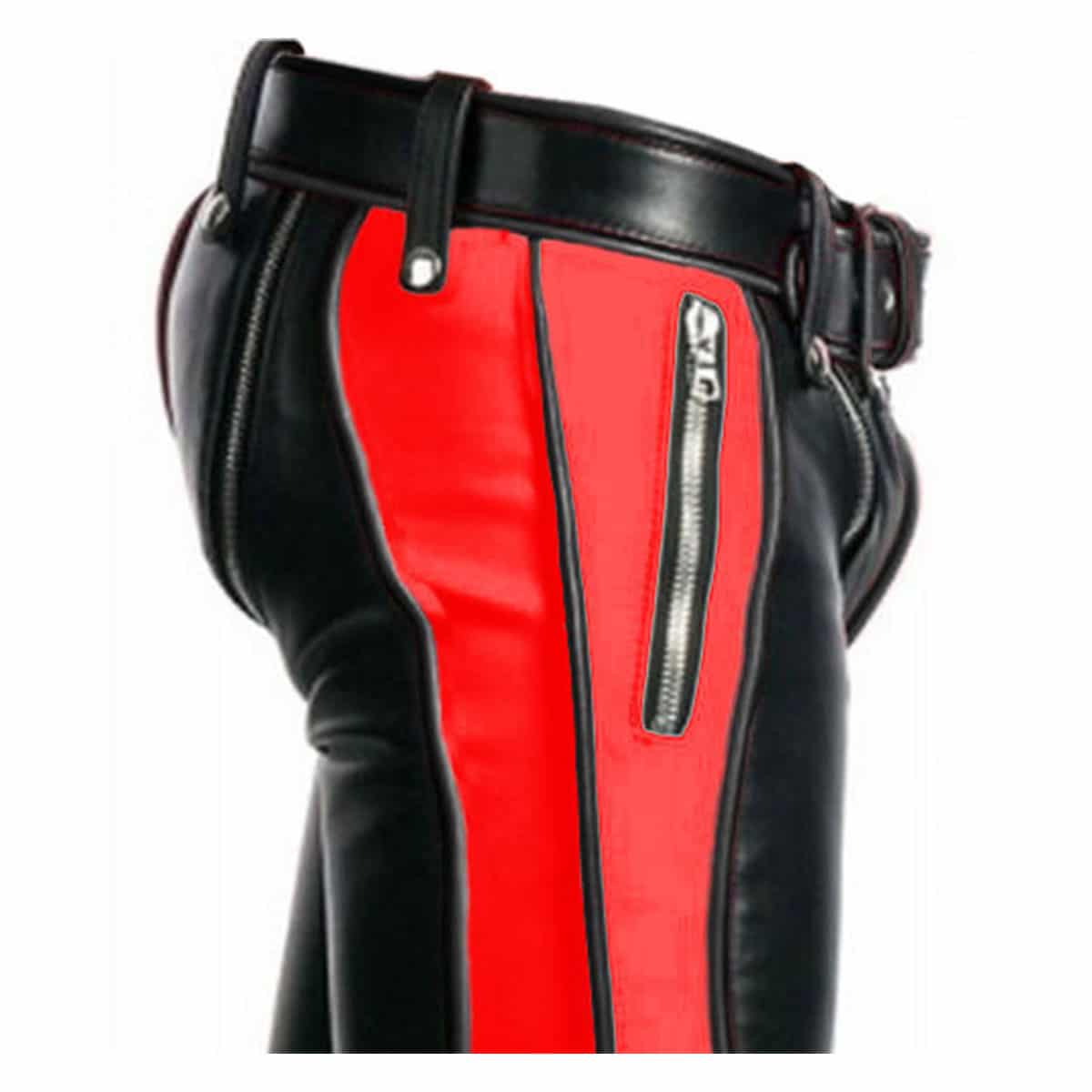 Real Black Red Leather Bondage Jeans - R2-RED-BLK