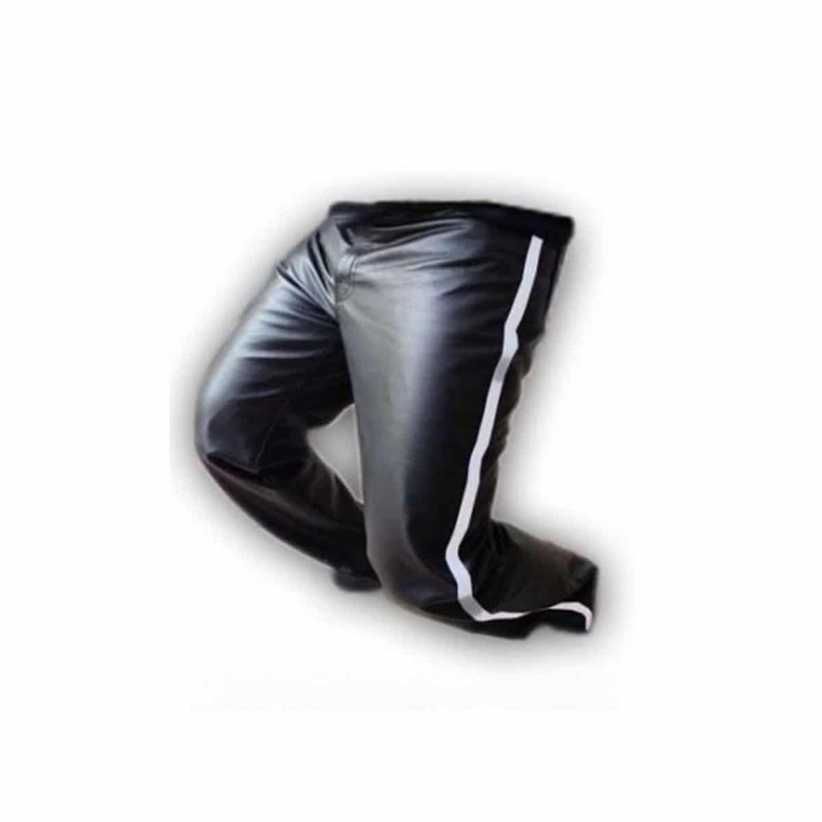 Mens Biker Jeans Black Leather One Panel Police Style Pants – (J2–WHT)