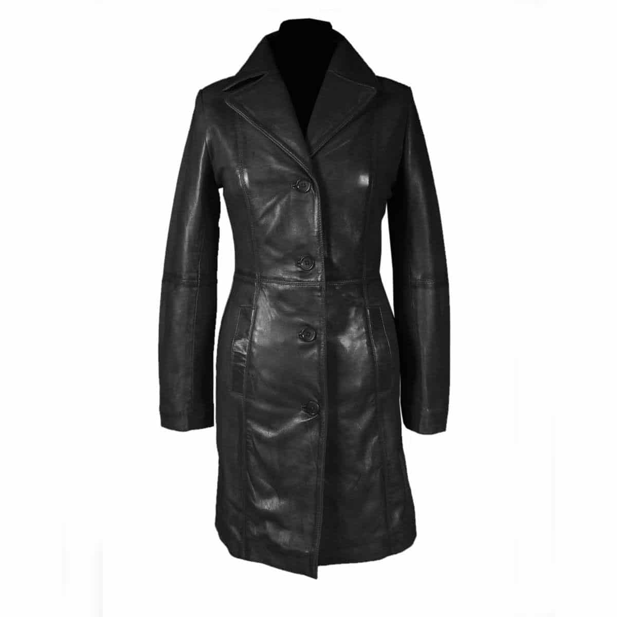 Ladies Black Cow Leather Steampunk Goth Style Trench Coat - T16 - BLK