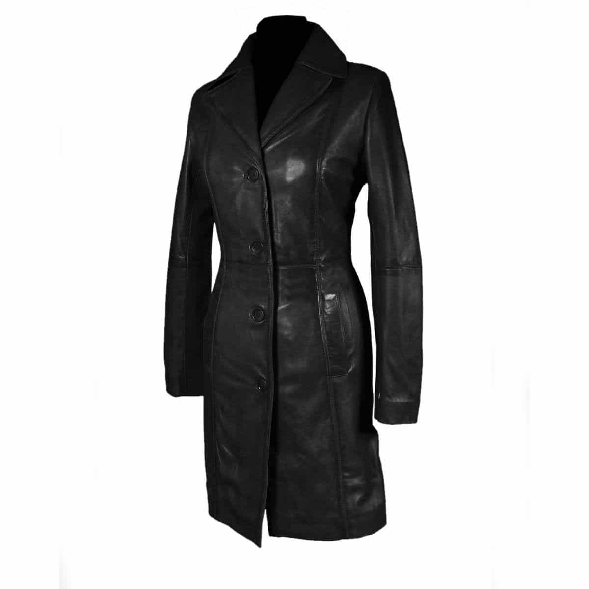 Ladies Black Cow Leather Steampunk Goth Style Trench Coat - T16 - BLK