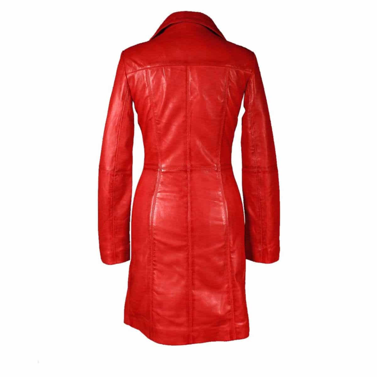Women Red Cow Leather Steampunk Goth Style Trench Coat  - T16-RED