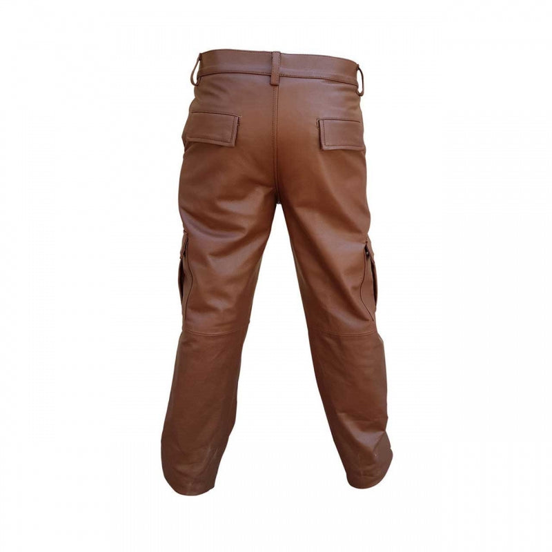 MENS CARGO PANTS BROWN COW LEATHER 6 POCKETS JEANS (CARGO2-BRW)