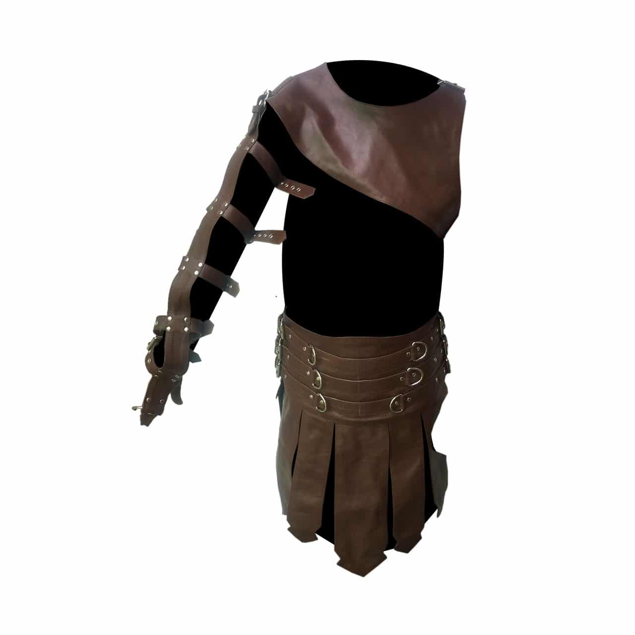 Mens Brown Leather Gladiator Kilt Set for Costumes Heavy Hardware LARP -(K3)