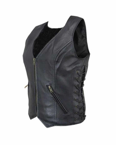 Black Leather Waistcoat Vest With Side Lacing - W3 - BLK