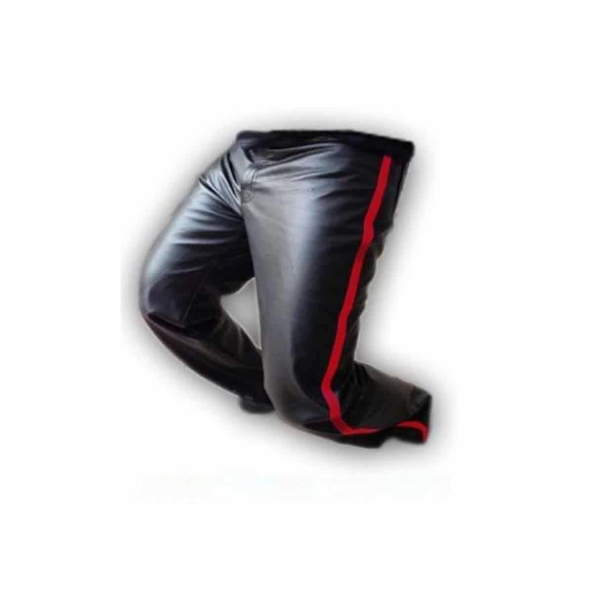 Mens Black Leather One Panel Police Uniform Style Pants Jeans - J2 - RED
