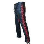Mens New Style Black & Red Cow Leather Front & Side Laced Biker Trousers Pants - SLJ2