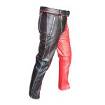 MENS NEW STYLE BONDAGE PANTS BLACK & RED LEATHER HEAVY DUTY JEANS - R2