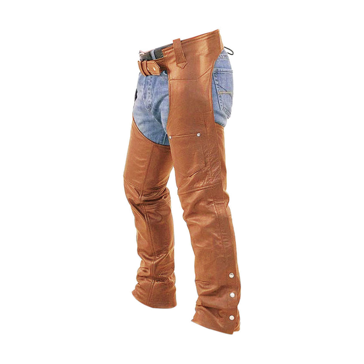 Mens Bikers Chaps Jeans Brown Leather Motorcycle Style Trouser Pants - (CHAPS-BRW)