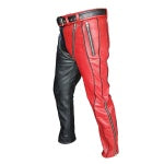 MENS NEW STYLE BONDAGE PANTS BLACK & RED LEATHER HEAVY DUTY JEANS - R2