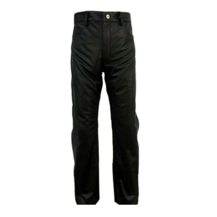 Mens Black Leather Biker Jeans One Panel Police Style - J2 Pants