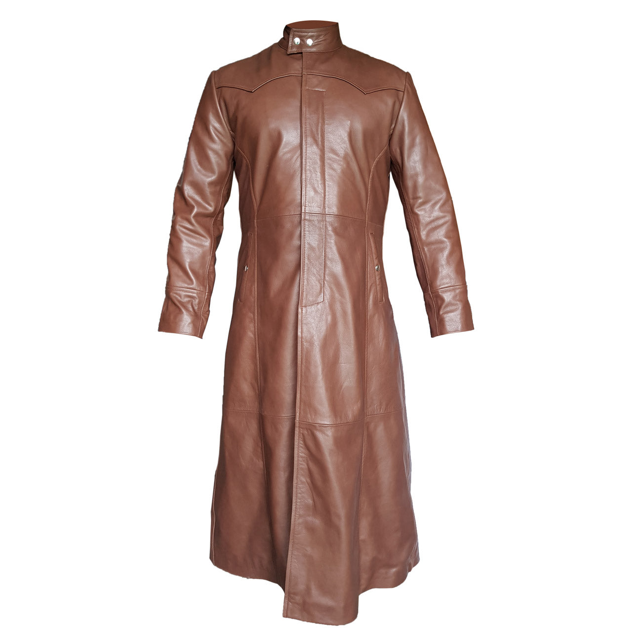 Mens Brown Leather Long Matrix Goth Trench Coat Gothic (T3-BRW)