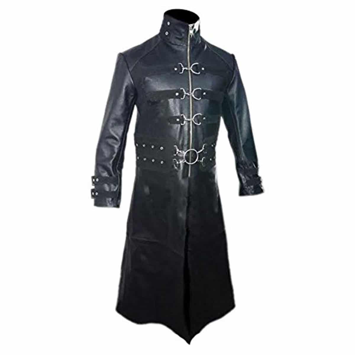 Mens Black Leather Goth Matrix Trench Coat Steampunk Gothic Van Helsing (T21)