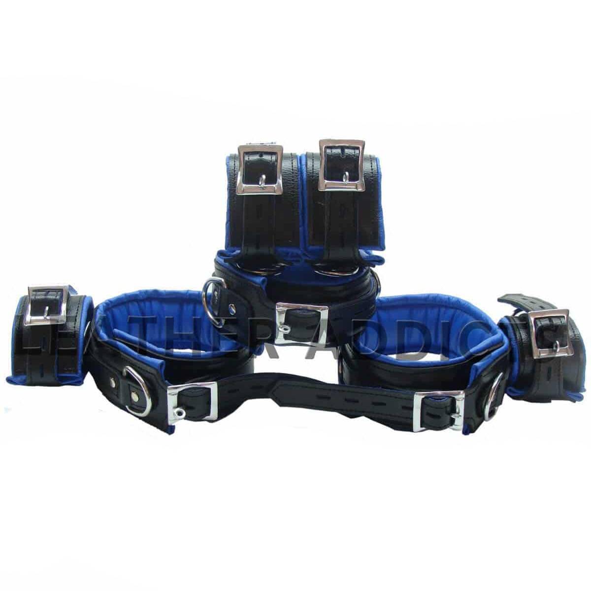Unisex Bondage Restraints Top Grain Blue & Black Leather Full Set of 7 And 5 - REST7-BLU-BLK