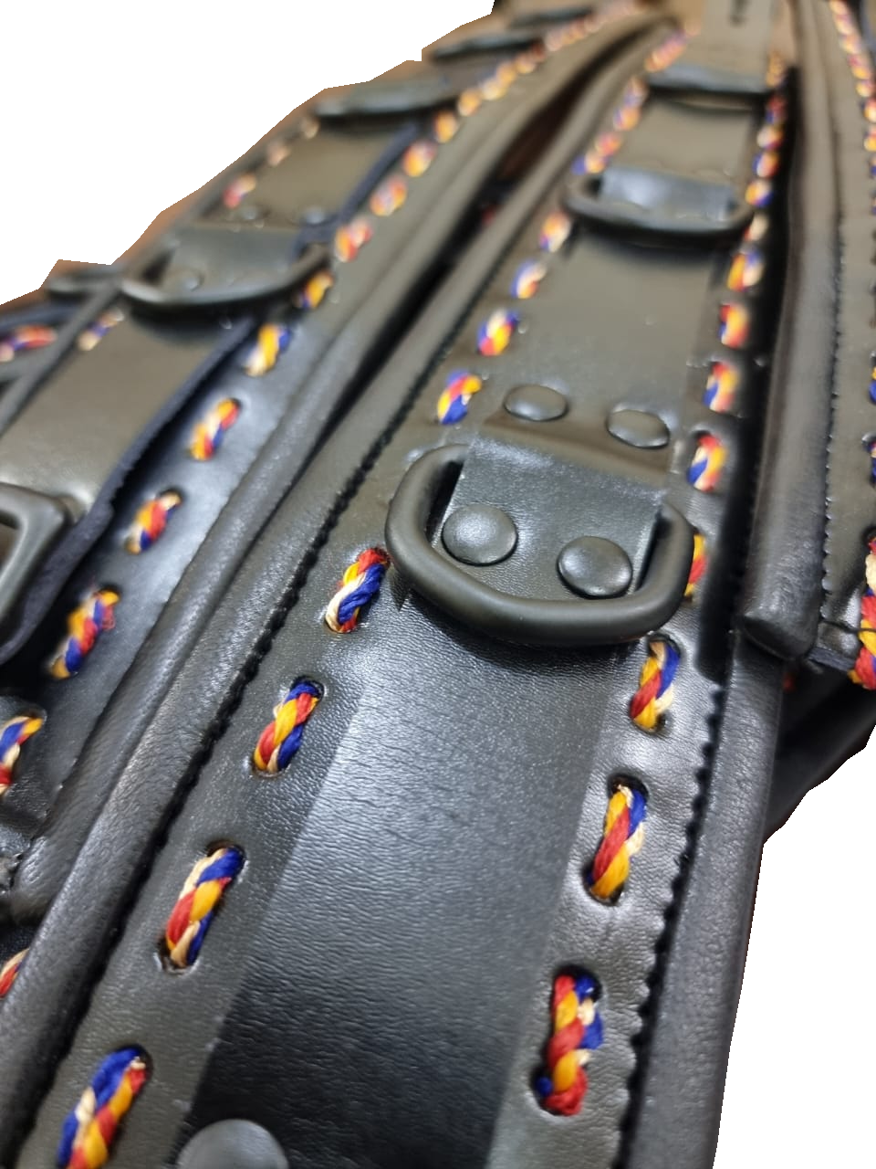 New Unique Design- Black Leather with Multi-Color Thread Complete Set of 7 Restraints - (REST7-BLK-RAIN).
